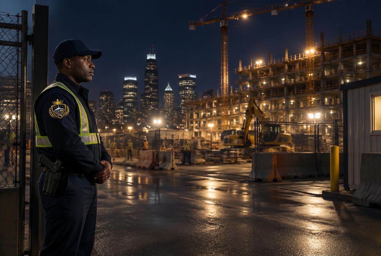 Black Royal Shield armed officer monitoring a construction property overnight