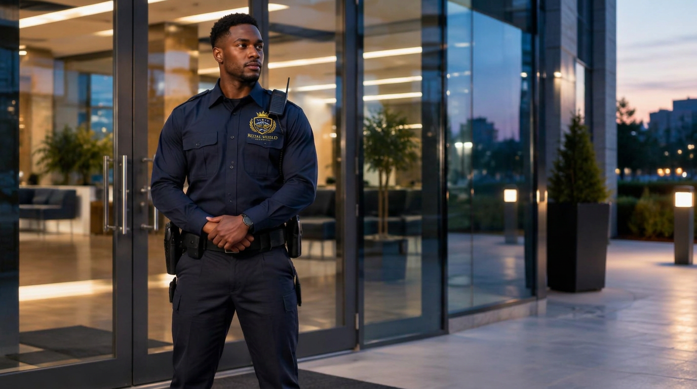 Royal Shield Security officer in a navy uniform standing post at a commercial property