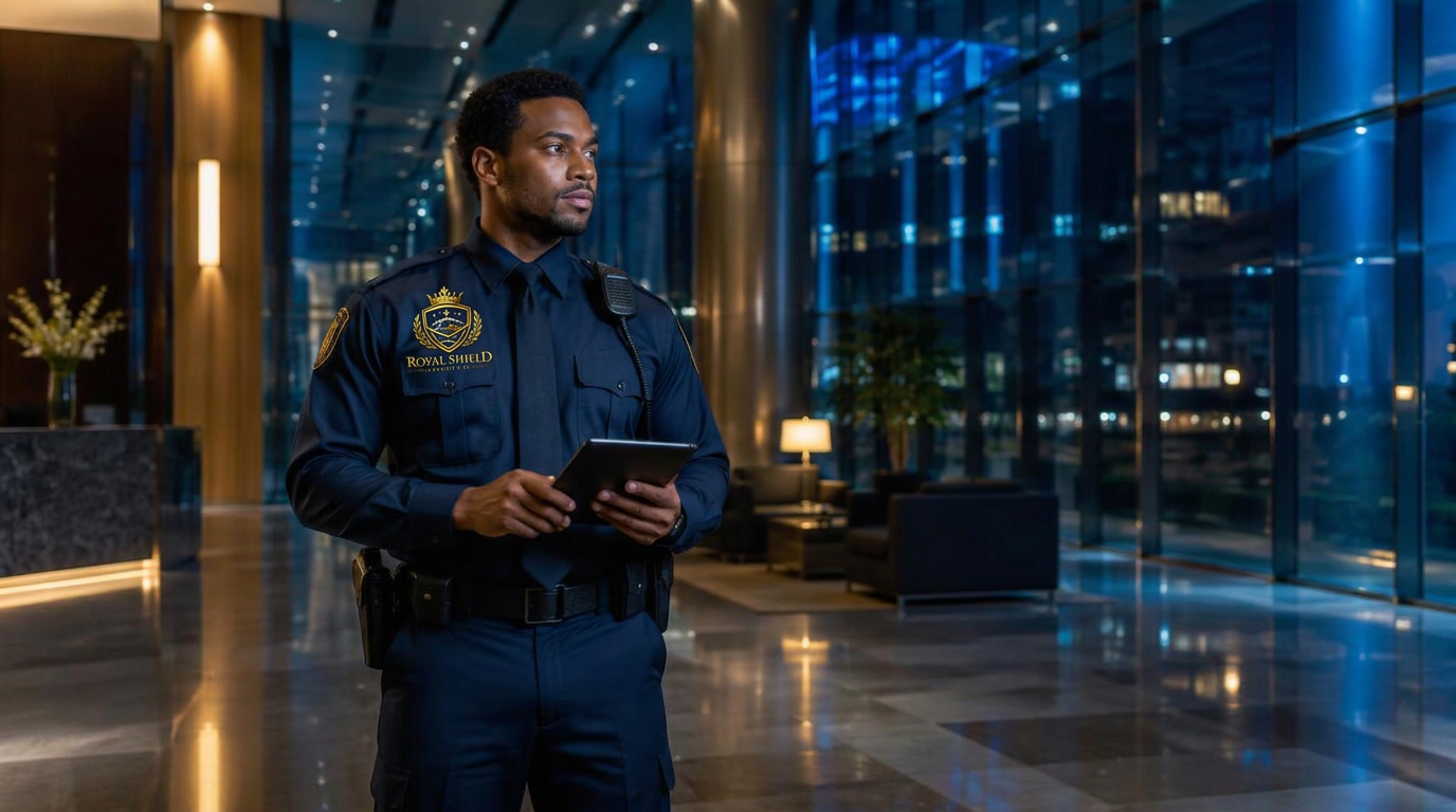 Royal Shield Security officer on duty in a quiet office lobby